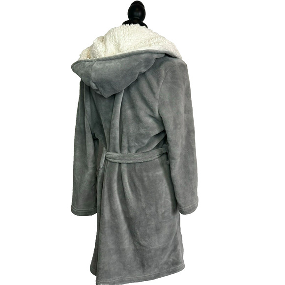 POTTERY BARN | One Size Teen Gray Cream Faux-Fur Trim Hooded Belted Robe Pockets - Picture 2 of 9